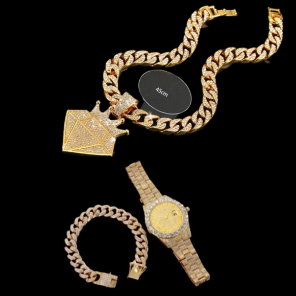 Mens Hiphop Bling Simulated Diamond Watch, Iced Crown Chain & Iced Brace… - Picture 1 of 5